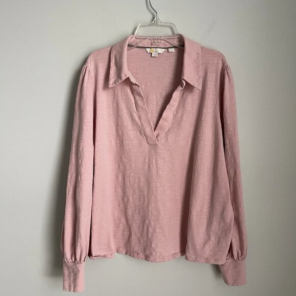 Boden Pink Milkshake Notch Collared V Neck Long Blouson Sleeve Top - Picture 7 of 7